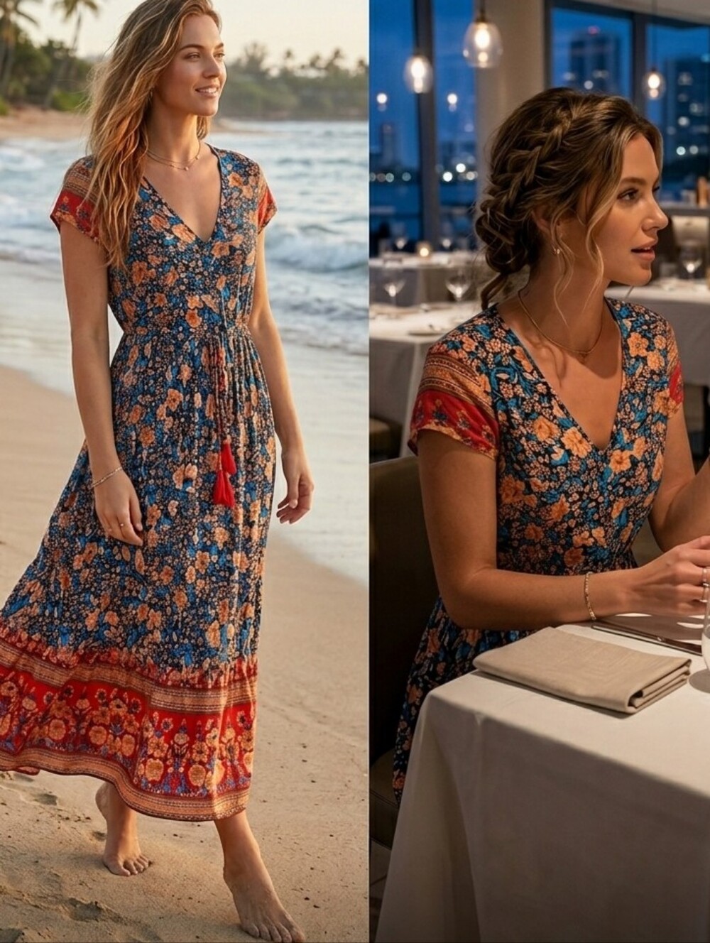 Bohemian Floral V-Neck Maxi Dress in Blue and Red